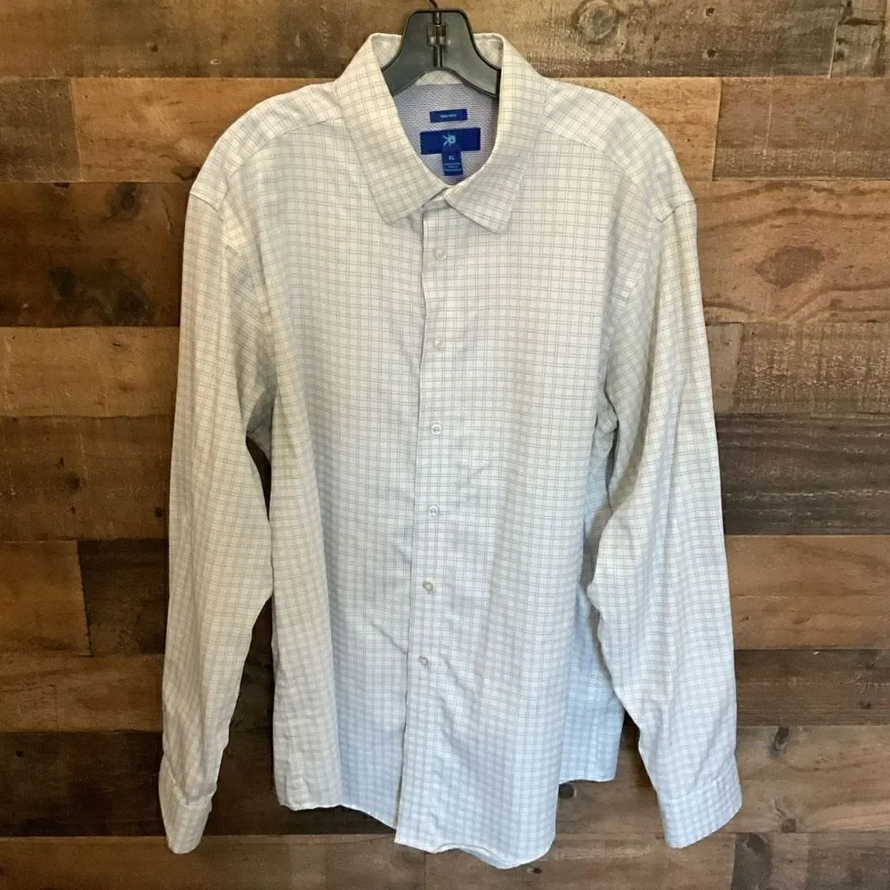 Egara Shirt Mens Button Down Cotton White Blue Square Print Non Iron Men Size XL